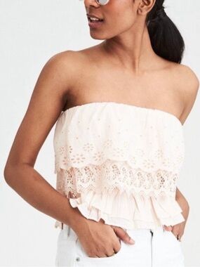 American Eagle Eyelet Cotton Layered Pale Pink Tube Top